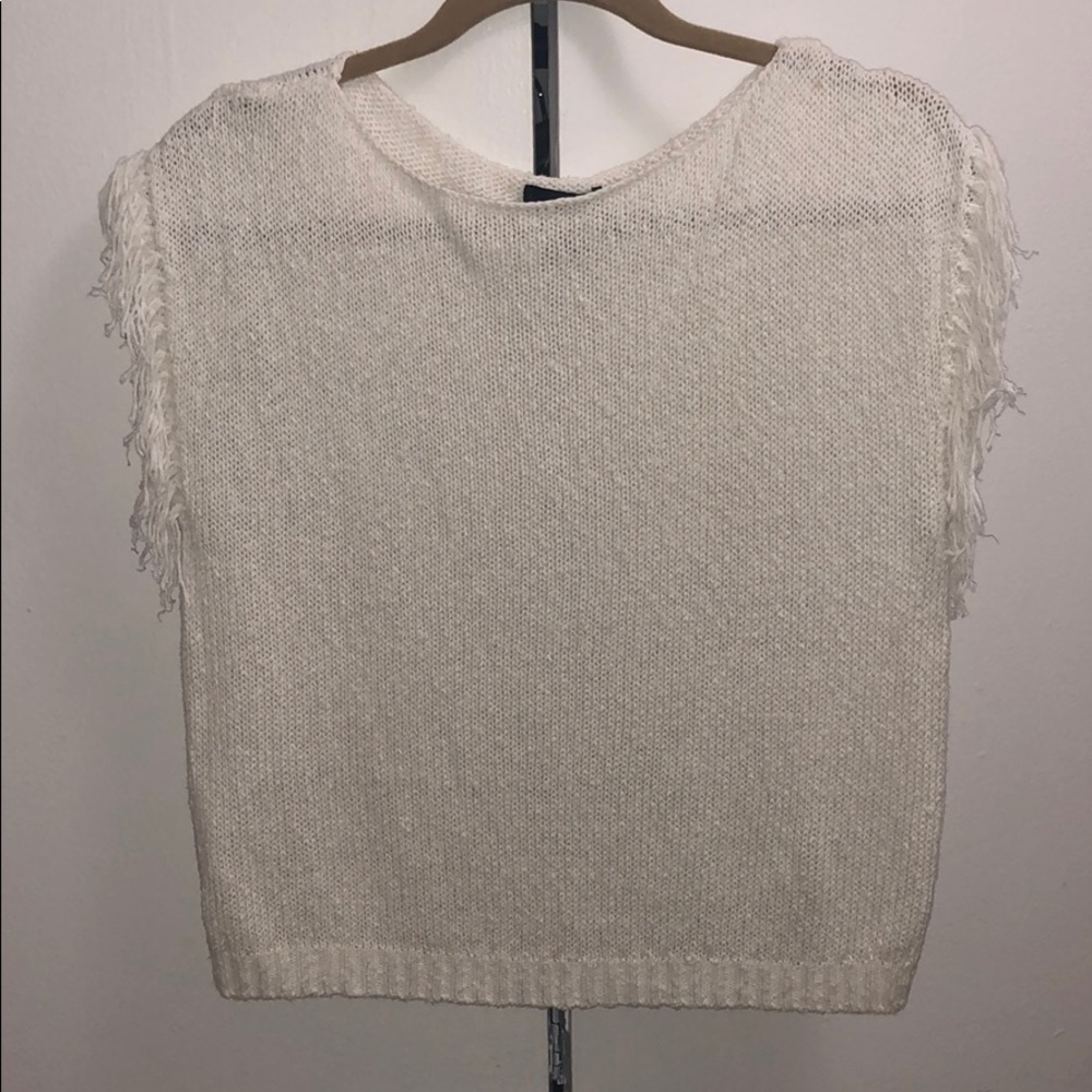 Aqua short sleeve fringe top-